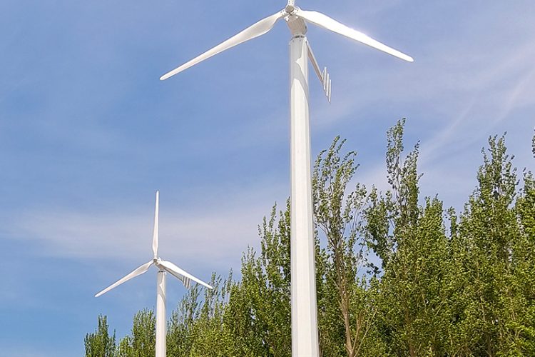 10 kW horizontal axis wind turbine, fiberglass blades, off grid and grid connected energy storage system for wind solar complementarity