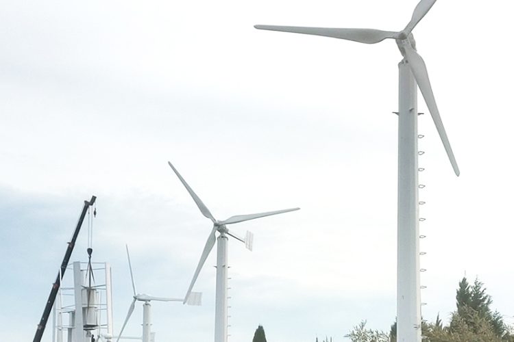 10 kW horizontal axis wind turbine, fiberglass blades, off grid and grid connected energy storage system for wind solar complementarity